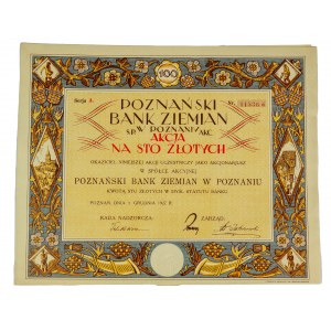 [AKCJA] Poznański Bank Ziemian akcja na 100 złotych, Poznań 1 grudnia 1927r.