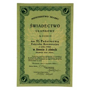 Świadectwo Ułamkowe na 5% Państwową Pożyczkę Konwersyjną z roku 1924 w kwocie 3 złotych, 1 września 1924r.