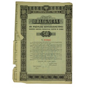 [OBLIGACJA] 4% Pożyczki Konsolidacyjnej wartości imiennej 50 złotych w złocie, 15 maja 1936r.