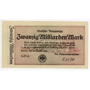 Germany - Weimar Republic Prussia, Berlin Deutsche Reichsbahn 20 Milliarden Mark 1923 Notgeld