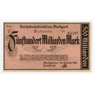 Germany - Weimar Republic Württemberg, Stuttgart Reichsbahndirektion 500 Milliarden Mark 1923 Notgeld