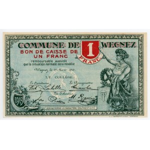 Belgium Wegnez 1 Francs 1915 Emergency Issue