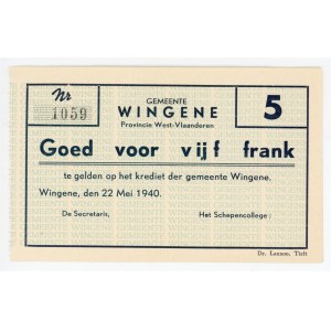 Belgium Wingene 5 Francs 1940 (ND) Notgeld