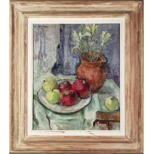 Józef KOWNER (1895-1967), Martwa natura z jabłkami i kwiatami, 1948
