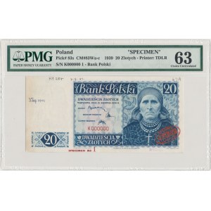 Londyn 20 złotych 1939 - SPECIMEN K 000000 - akceptacyjny z 3.9.1941 - PMG 63
