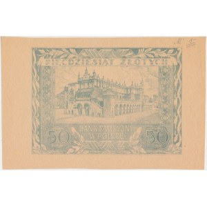 50 złotych 1940/41 - fałszerska odbitka druku głównego rewersu na papierze roboczym