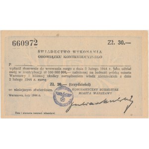 Świadectwo kontrybucji - 30 złotych 1944