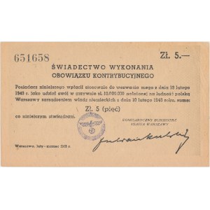 Świadectwo kontrybucji - 5 złotych 1943