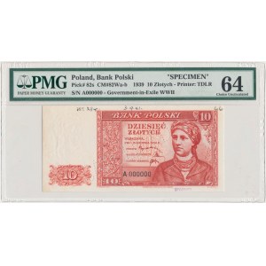 Londyn 10 złotych 1939 - SPECIMEN A 000000 - PMG 64