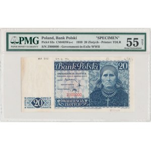 Londyn 20 złotych 1939 - SPECIMEN Z 000000 - akceptacyjny 24.6.1942 - PMG 55 NET