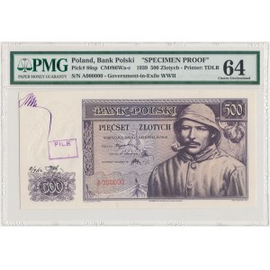 Londyn 500 złotych 1939 - SPECIMEN A 000000 - PMG 64