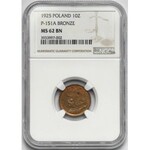 10 zlatých 1925 The Brave in BRONZE - NGC MS62 BN