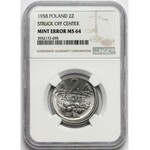 DESTRUKT 2 złote 1958 - offcenter z wypłynięciem metalu - NGC MS64