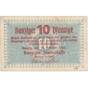 Gdańsk 10 fenigów 1923 (październik) - koga i herb w znaku wodnym