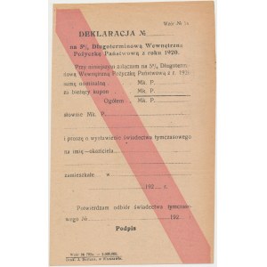 Deklaracja na 5% Długoterminową Wewnętrzną Pożyczkę z 1920 r. - RZADKOŚĆ