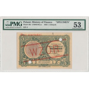 5 złotych 1925 - WZÓR - jednocyfrowy numerator wzoru, cyfry małe - RZADKOŚĆ - PMG 53