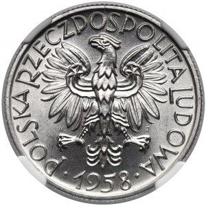 5 złotych 1958 Rybak - wąska ósemka - piękny - NGC MS66