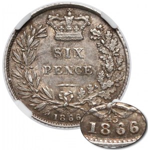 Wielka Brytania, 6 pensów 1866 z numerem stempla - NGC AU55