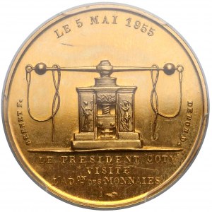 Francja, 20 franków w złocie 1955 - wizyta prezydenta w mennicy - PCGS SP64