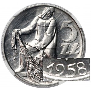 5 złotych 1958 Rybak - bałwanek - NGC MS64