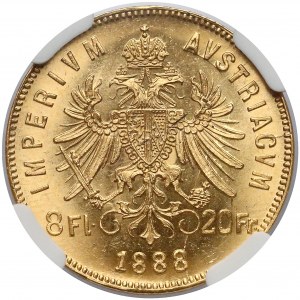 Austria, Franciszek Józef I, 8 florenów = 20 franków 1888 - NGC MS64
