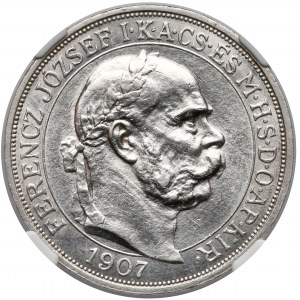 Węgry, Franciszek Józef I, 5 koron 1907 - 40 lat koronacji - NGC AU58