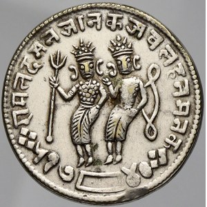Indie, Hinduistická chrámová mince b.l. (cca 1750 - 1947). Pět postav, dole Hanuman / dvě postavy, opis. Mosaz postř...