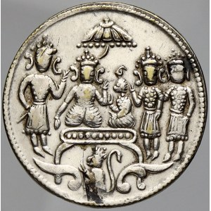 Indie, Hinduistická chrámová mince b.l. (cca 1750 - 1947). Pět postav, dole Hanuman / dvě postavy, opis. Mosaz postř...