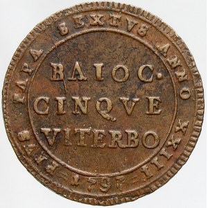 Vatikán - papežské městské státy, Viterbo. Pius VI. (1775-99). 5 baiocchi 1797. KM-3