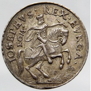 Josef I. (1705-11), Žeton ke korunovaci na římského krále v Augsburku 1690 (b.l.). Král na koni, opis ...