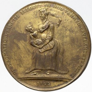 Marie Terezie (1740-80), Posměšná medaile na pragmatickou sankci 1742. Královna s dítětem v hladké sukni, opis ...