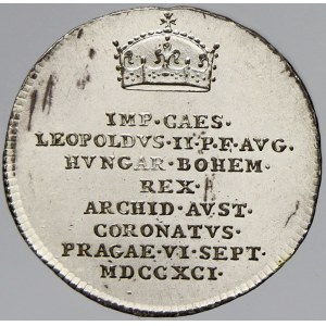 Leopold II. (1790-92), Malý žeton na korunovaci v Praze 1791. Ag (2,20 g) 21 mm
