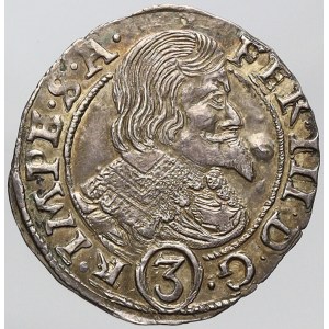 Ferdinand III., 3 krejcar 1638 Praha - Wolker (opis D.G.(3) R.IMPE.S.A BOHEM-IAE), majitelská značka. MKČ-1180...