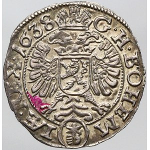 Ferdinand III., 3 krejcar 1638 Praha - Wolker (opis D.G.(3) R.IMPE.S.A BOHEM-IAE), majitelská značka. MKČ-1180...