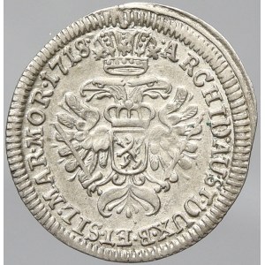 Karel VI., 3 krejcar 1718 Praha. Nov.-19. prohnutý