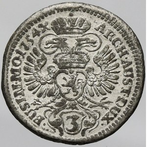 Marie Terezie, 3 krejcar 1754 Praha - Schaumberger (21 mm, 2,51 g), CÍNOVÁ nouzová ražba. MKČ...