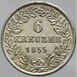 Baden - Durlach, Ludvík II. (1852-56). 6 krejcar 1855. KM-228