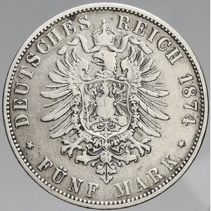 Bavorsko, Ludvík II. (1864-86). 5 M 1874 D. KM-502. n. škr.