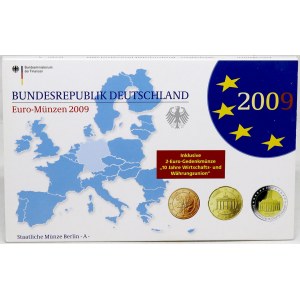 Sady oběhových mincí BRD, Sada oběhových mincí 2009 A. 1c - 2€. 2€ 10 let měnové unie, 2€ Sársko...