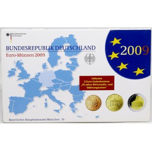 Sady oběhových mincí BRD, Sada oběhových mincí 2009 D. 1c - 2€. 2€ 10 let měnové unie, 2€ Sársko...