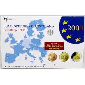Sady oběhových mincí BRD, Sada oběhových mincí 2009 F. 1c - 2€. 2€ 10 let měnové unie, 2€ Sársko...
