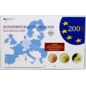 Sady oběhových mincí BRD, Sada oběhových mincí 2009 G. 1c - 2€. 2€ 10 let měnové unie, 2€ Sársko...