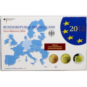 Sady oběhových mincí BRD, Sada oběhových mincí 2012 A. 1c - 2€. 2€ 10 let od zavedení jednotné měny Euro, 2€ Bavorsko...