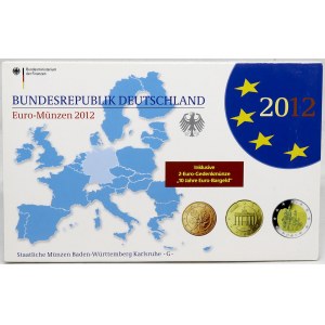 Sady oběhových mincí BRD, Sada oběhových mincí 2012 G. 1c - 2€. 2€ 10 let od zavedení jednotné měny Euro, 2€ Bavorsko...