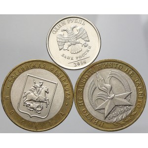 Rusko (1993 - nyní), 10 Rbl 2005 M (bimetal, jub.), 1 Rbl 2014 M symbol rublu. KM-Y-827, 886, 1512