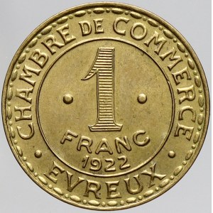 Francie, Evreux, obchodní komora. 1 frank 1922 (mosaz 24 mm)