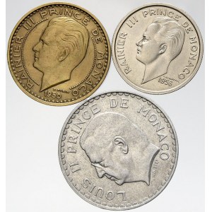 Monako, 100 frank 1956, 50 frank 1950, 5 frank 1945. KM-122, 132, 134