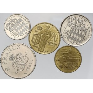 Monako, 2 + ½ frank 1982, 1 frank 1975, 20 c. + 10 c. 1962. KM-140, 142, 143, 145, 157