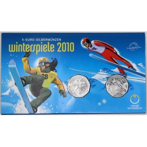 Rakousko, republika, 5 € 2010 zimní hry - snowboard, 2010 zimní hry - lety na lyžích (obě Ag), společný orig. papír...