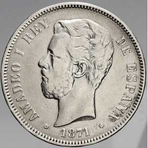 Španělsko, Amadeo (1871-73). 5 peseta 1871 SD-M *71. vada mat. na okraji, hr.